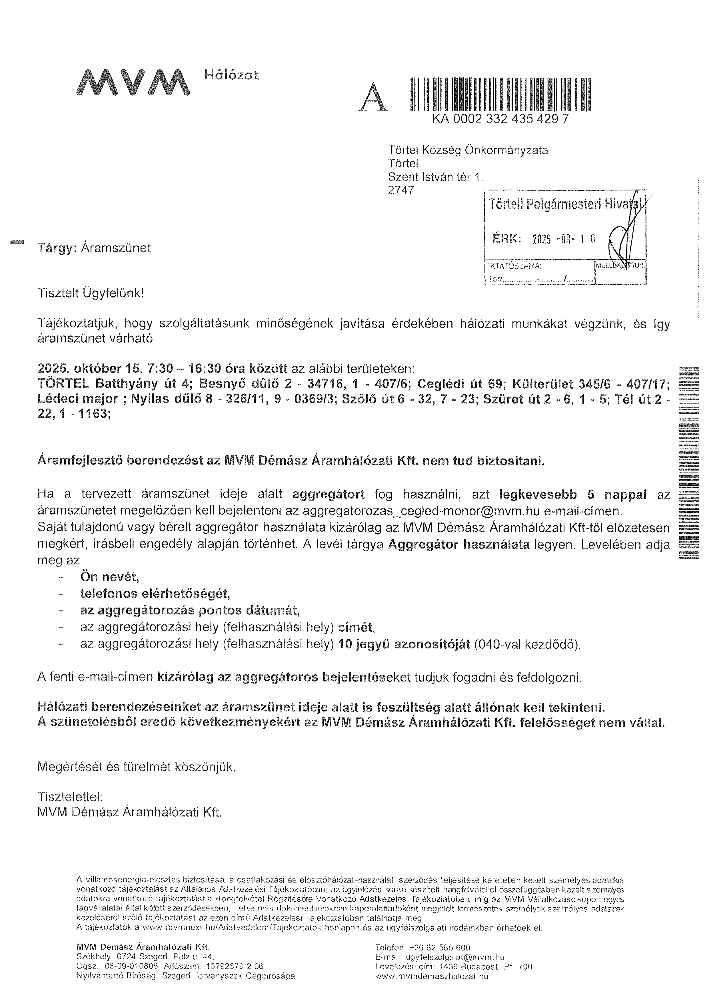 MVM értesítés áramszünet