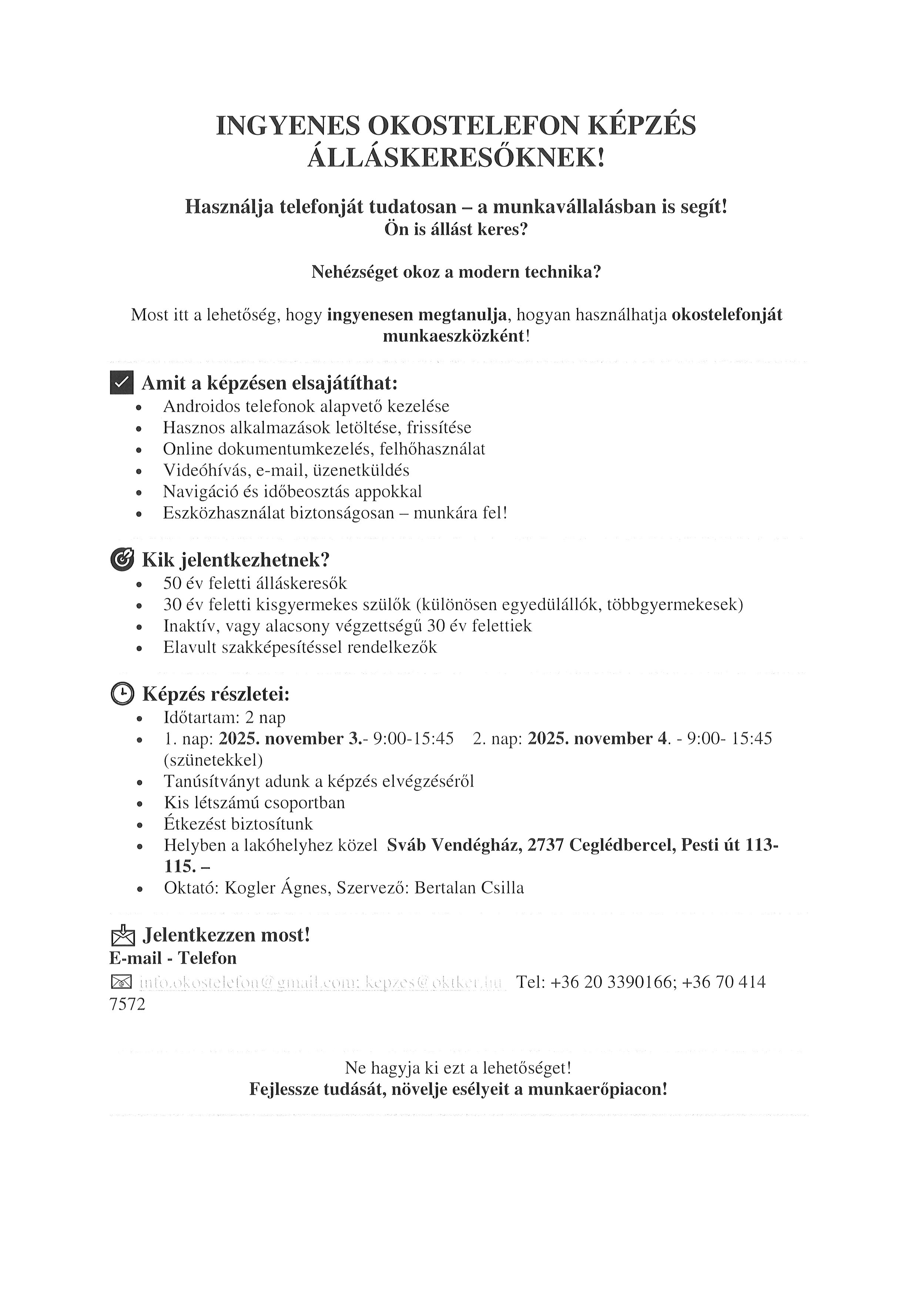INGYENES OKOSTELEFON KÉPZÉS ÁLLÁSKERESŐKNEK