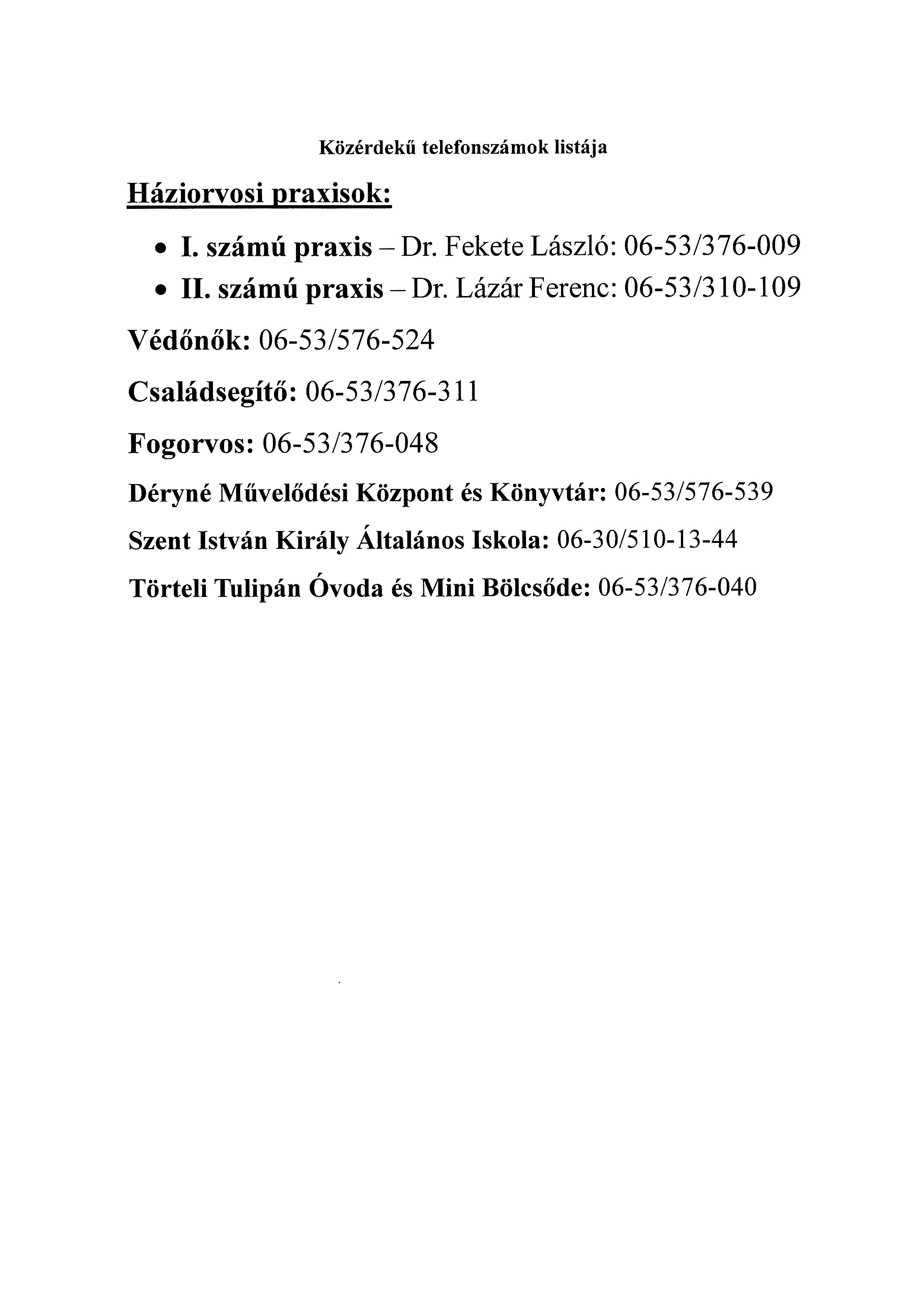 Közérdekű telefonszámok listája